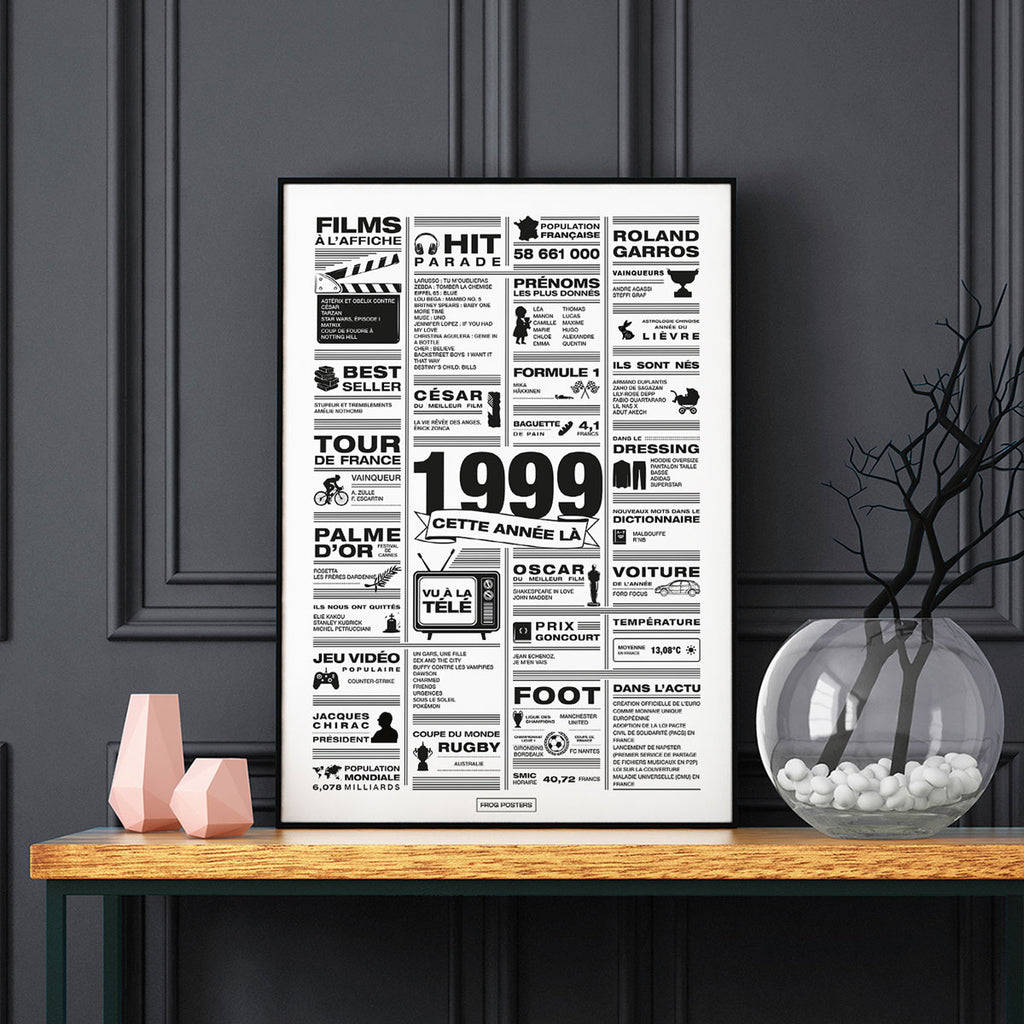Affiche année 1999 encadrée dans un salon, décoration murale rétro en noir et blanc