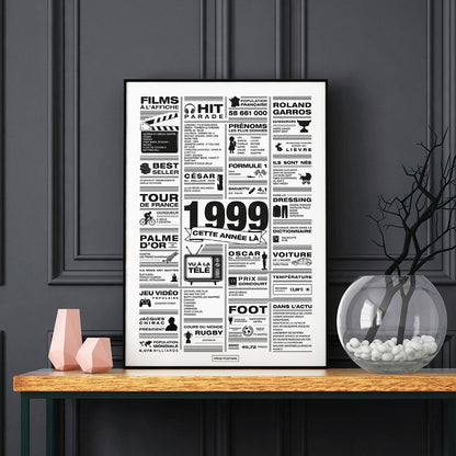 Affiche année 1999 encadrée dans un salon, décoration murale rétro en noir et blanc
