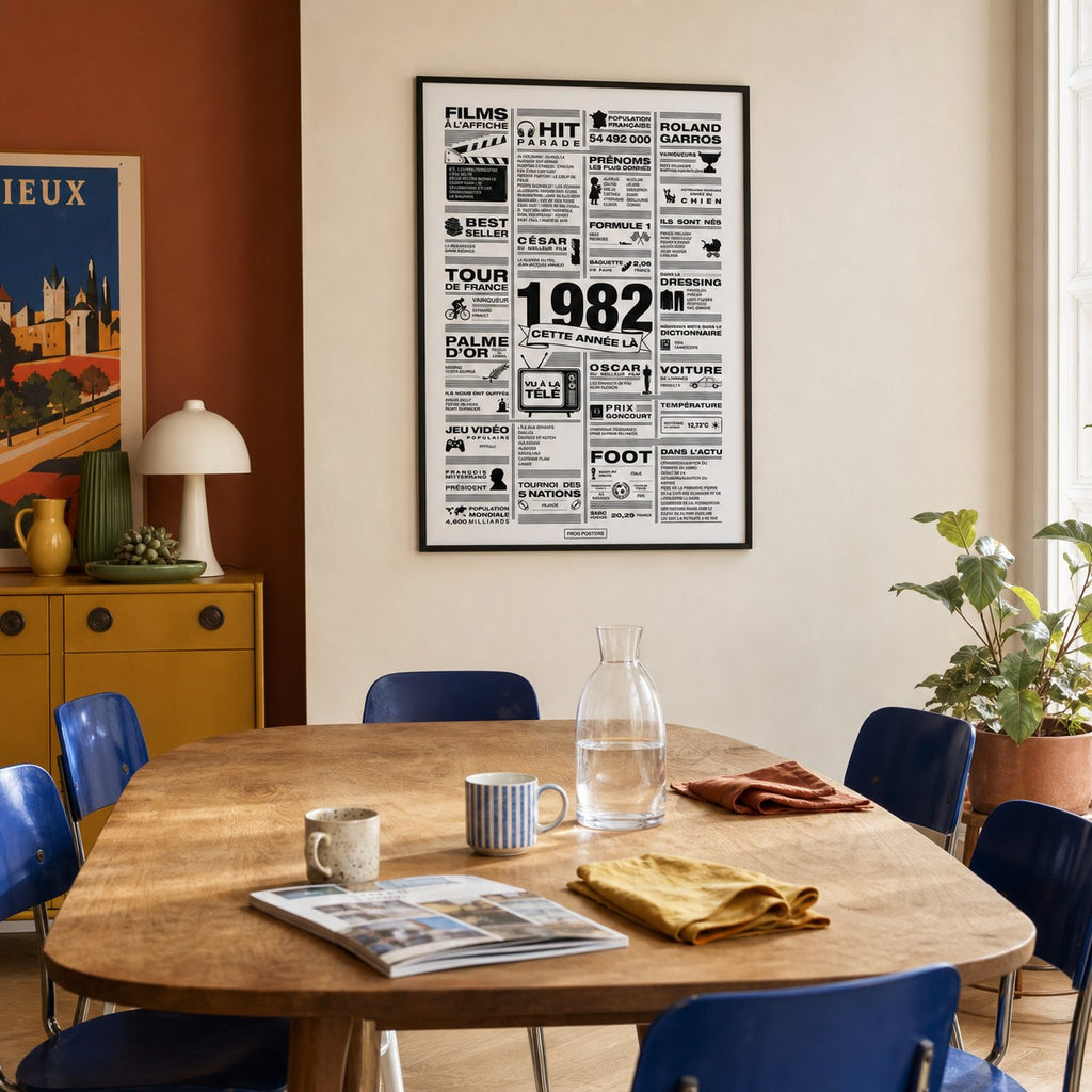 Affiche année 1982 encadrée dans une salle à manger française rétro aux murs terracotta avec chaises bleues et buffet moutarde, poster rétrospective année de naissance 1982, idée cadeau anniversaire, décoration murale rétro noir et blanc