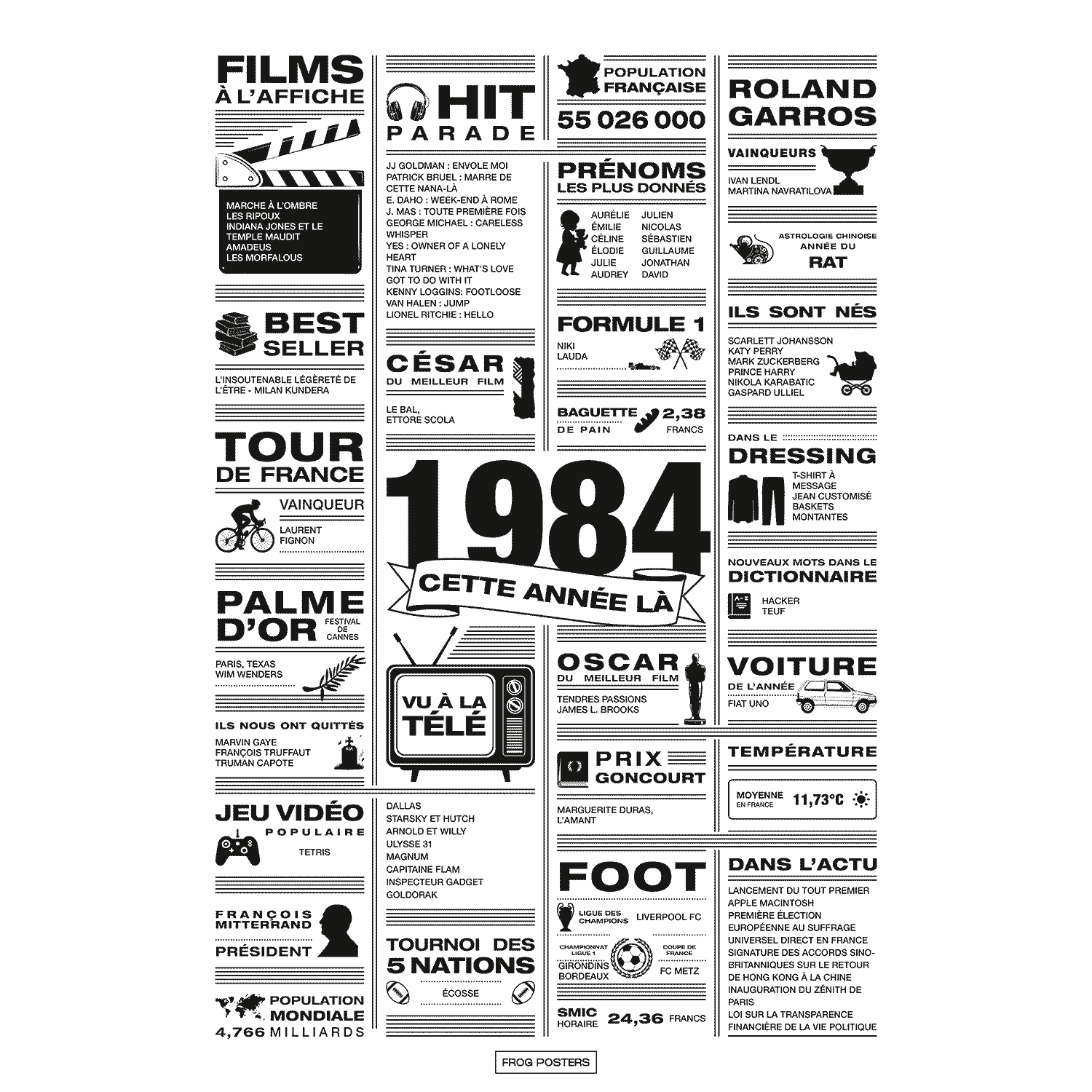 Affiche année 1984 en noir et blanc, poster rétrospective année de naissance 1984, idée cadeau anniversaire
