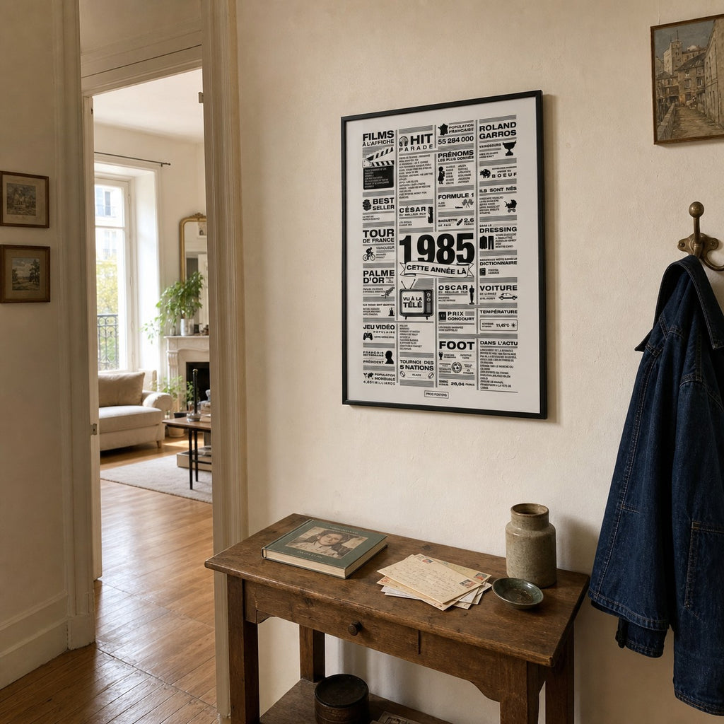 Affiche année 1985 encadrée dans une entrée d'appartement haussmannien avec console en bois et porte-manteau, poster rétrospective année de naissance 1985, idée cadeau anniversaire, décoration murale rétro noir et blanc