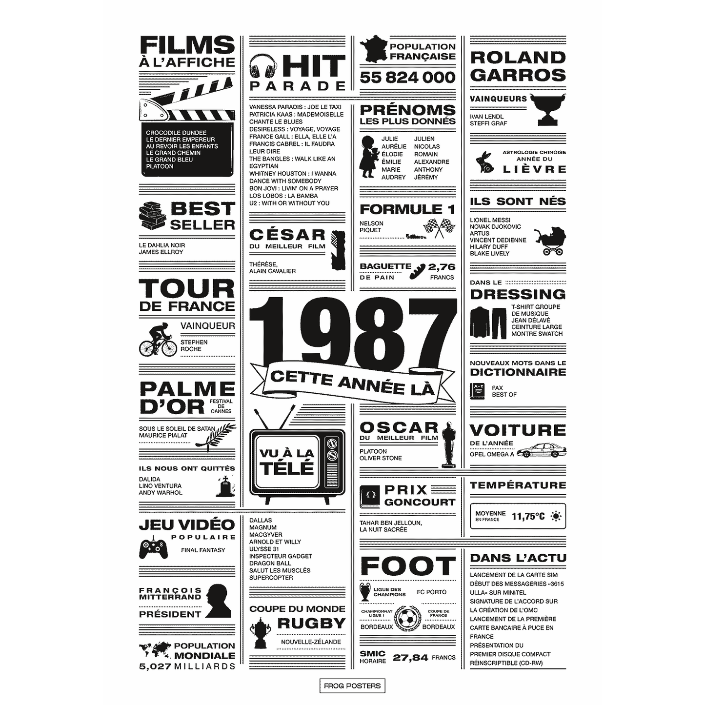 Affiche année 1987 en noir et blanc, poster rétrospective année de naissance 1987, idée cadeau anniversaire