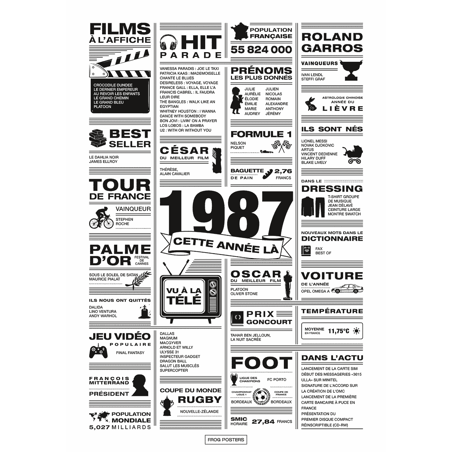 Affiche année 1987 en noir et blanc, poster rétrospective année de naissance 1987, idée cadeau anniversaire