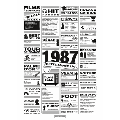 Affiche année 1987 en noir et blanc, poster rétrospective année de naissance 1987, idée cadeau anniversaire