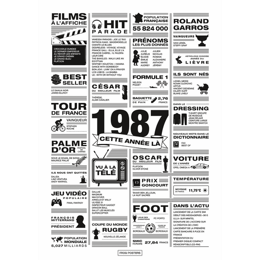 Affiche année 1987 en noir et blanc, poster rétrospective année de naissance 1987, idée cadeau anniversaire
