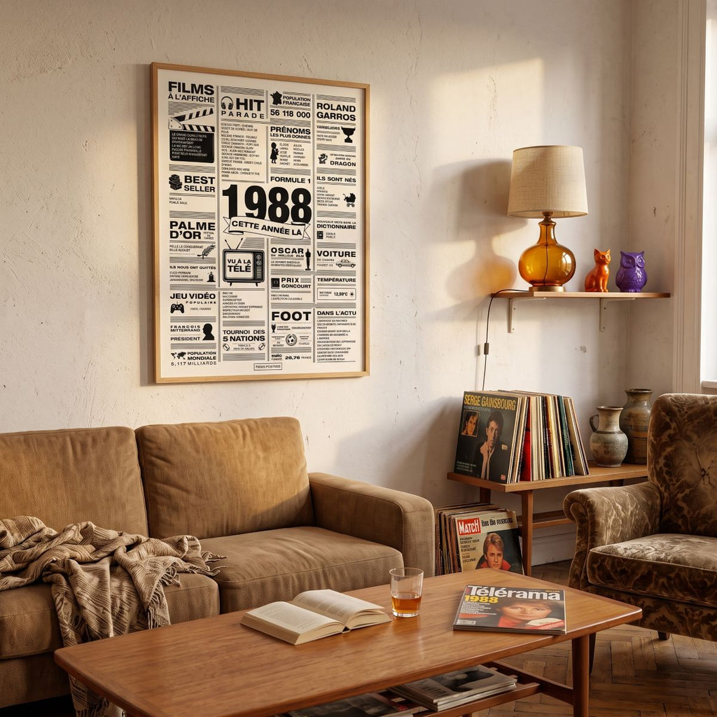 Affiche année 1988 encadrée dans un salon vintage français avec canapé en velours ocre, vinyles et magazines d'époque, poster rétrospective année de naissance 1988, idée cadeau anniversaire, décoration murale rétro noir et blanc 50x70cm