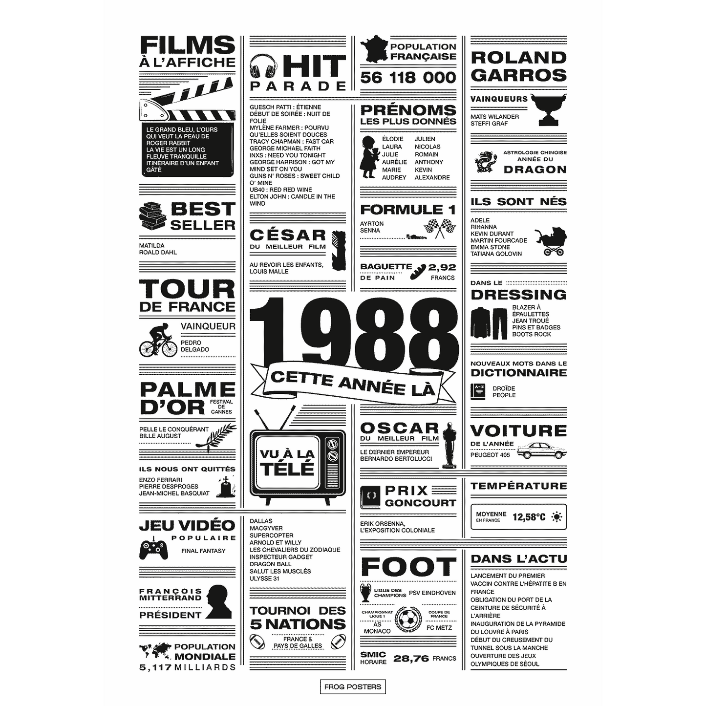 Affiche année 1988 en noir et blanc, poster rétrospective année de naissance 1988, idée cadeau anniversaire