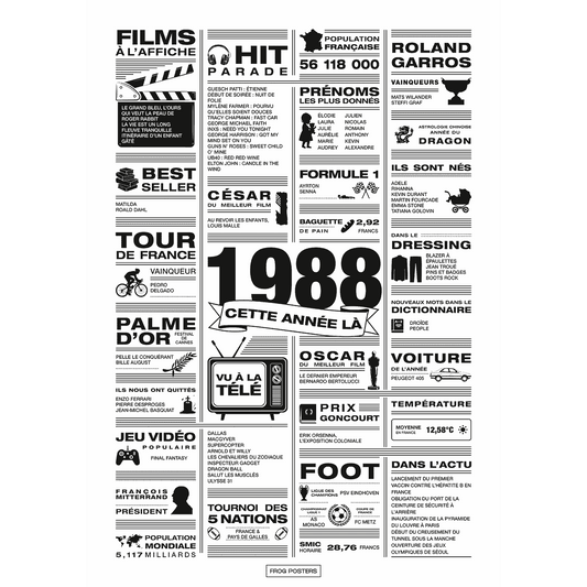 Affiche année 1988 en noir et blanc, poster rétrospective année de naissance 1988, idée cadeau anniversaire