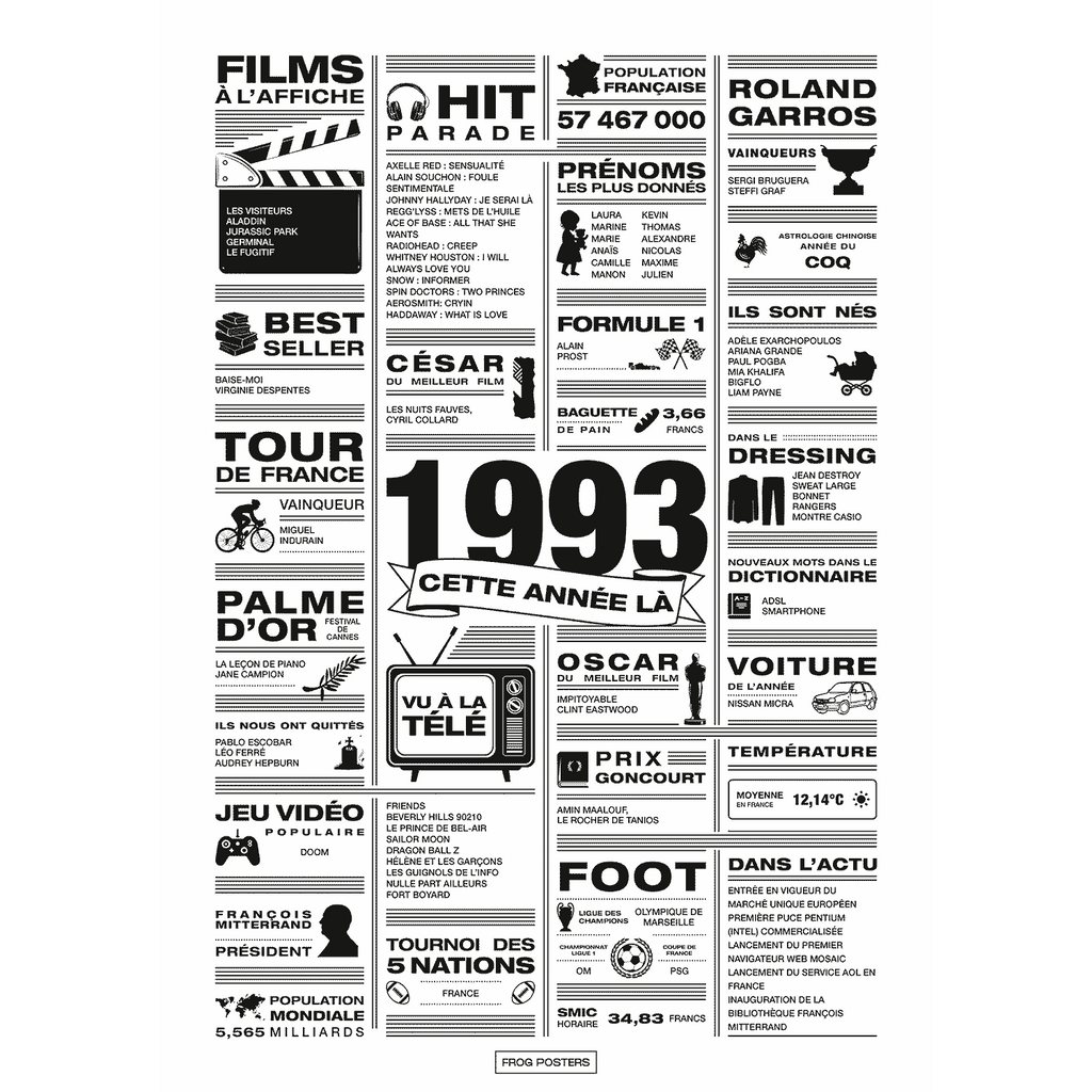 Affiche année 1993 en noir et blanc, poster rétrospective année de naissance 1993, idée cadeau anniversaire
