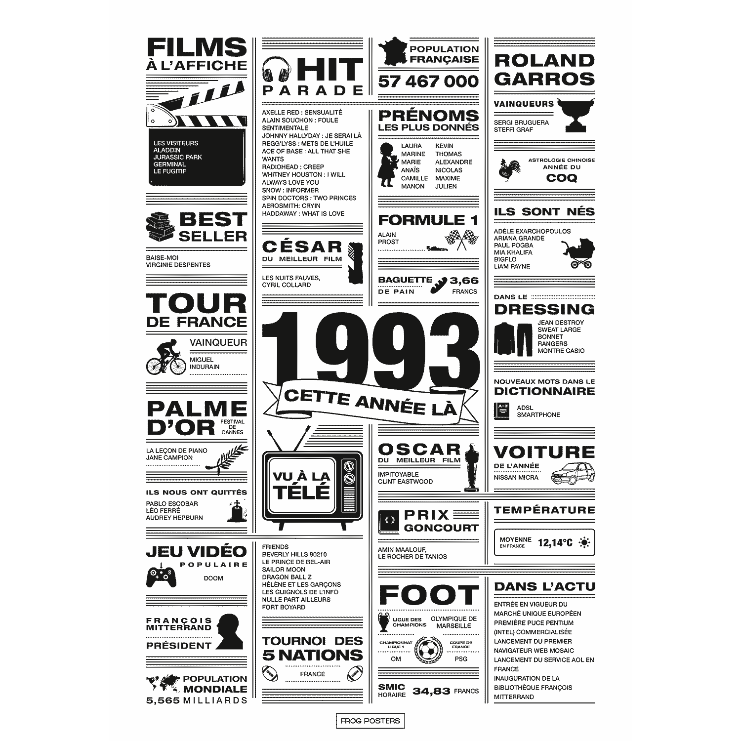 Affiche année 1993 en noir et blanc, poster rétrospective année de naissance 1993, idée cadeau anniversaire