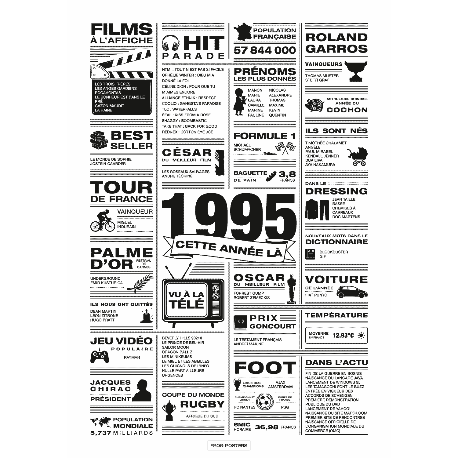 Affiche année 1995 en noir et blanc, poster rétrospective année de naissance 1995, idée cadeau anniversaire