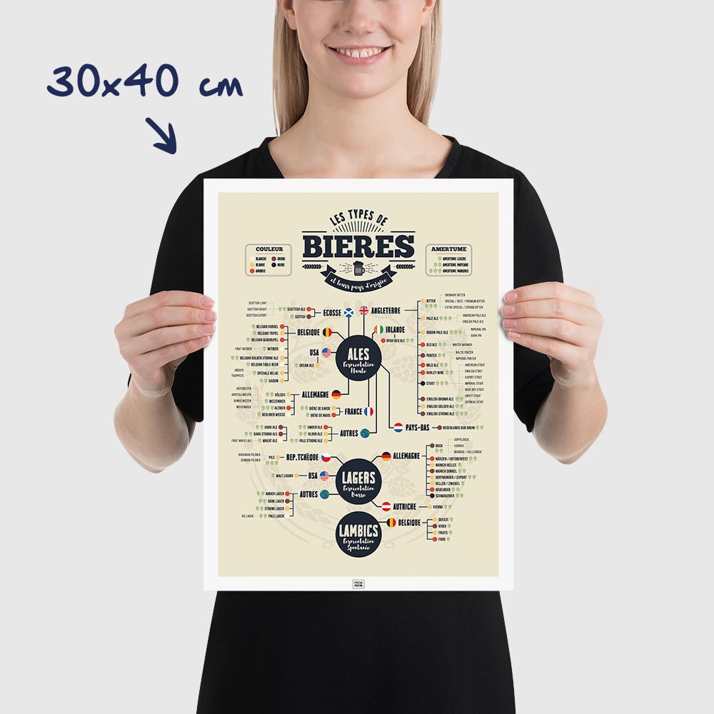 Affiche Bière : les 73 Types de Bières du Monde, dimensions 30x40 cm