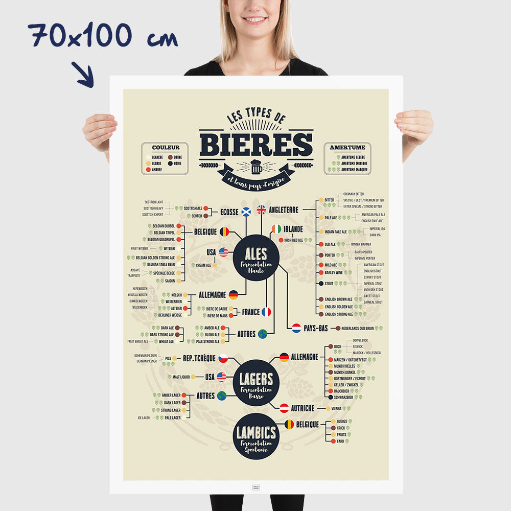 Affiche Bière : les 73 Types de Bières du Monde, dimensions 70x100 cm