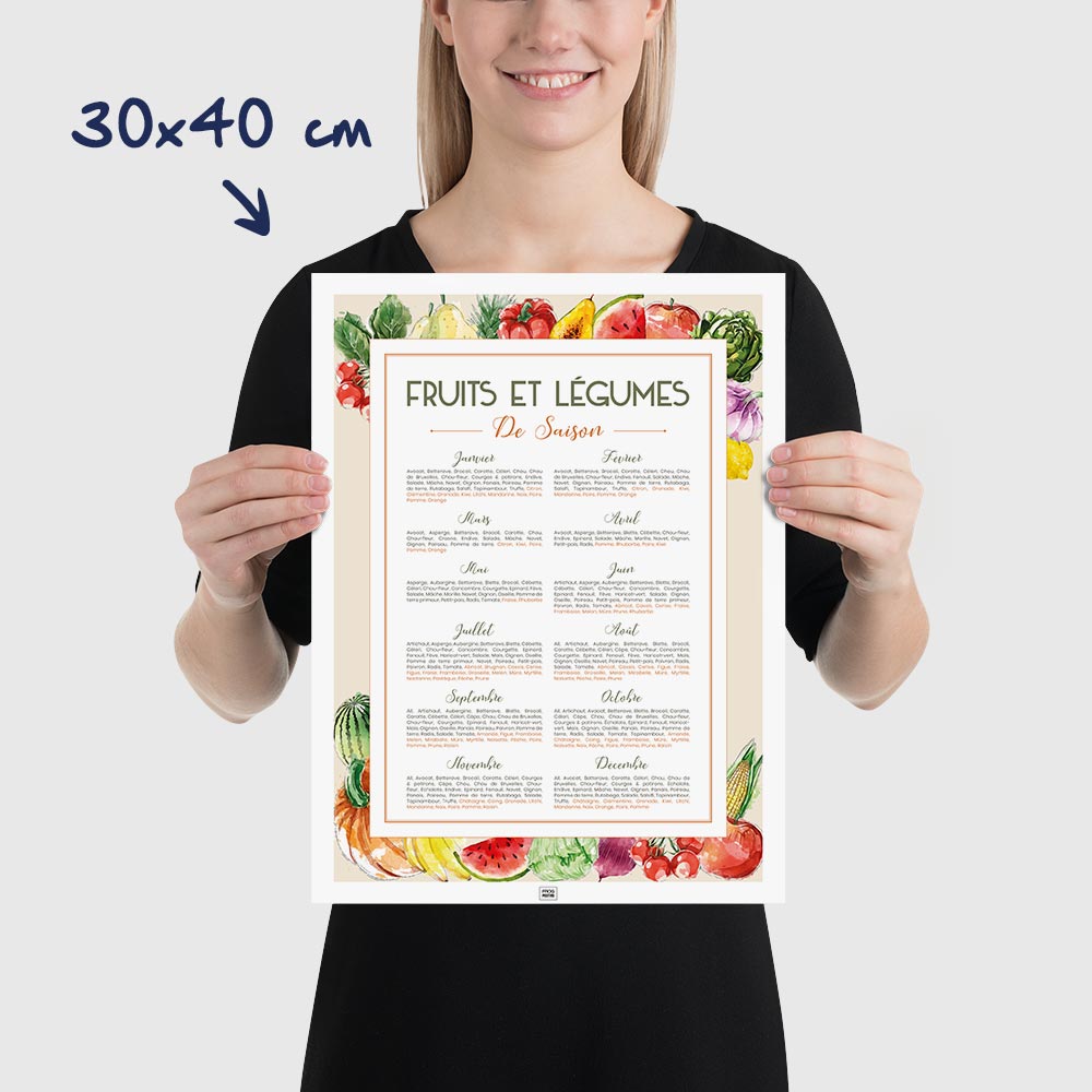 Affiche cuisine, calendrier des fruits et légumes de saison, affiche minimaliste, dimensions 30x40 cm
