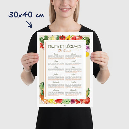 Affiche cuisine, calendrier des fruits et légumes de saison, affiche minimaliste, dimensions 30x40 cm
