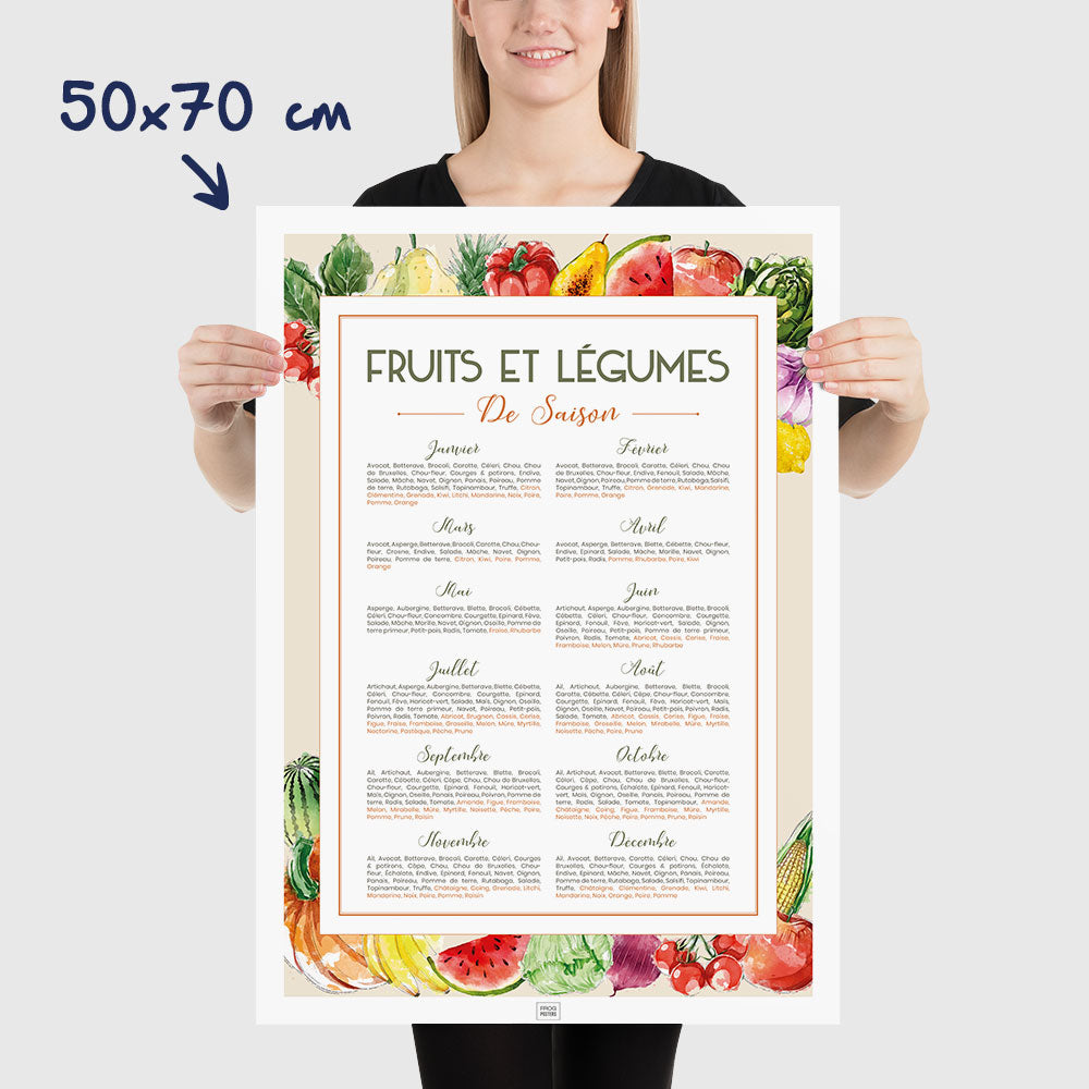 Affiche cuisine, calendrier des fruits et légumes de saison, affiche minimaliste, dimensions 50x70 cm
