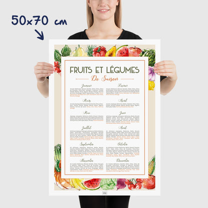 Affiche cuisine, calendrier des fruits et légumes de saison, affiche minimaliste, dimensions 50x70 cm
