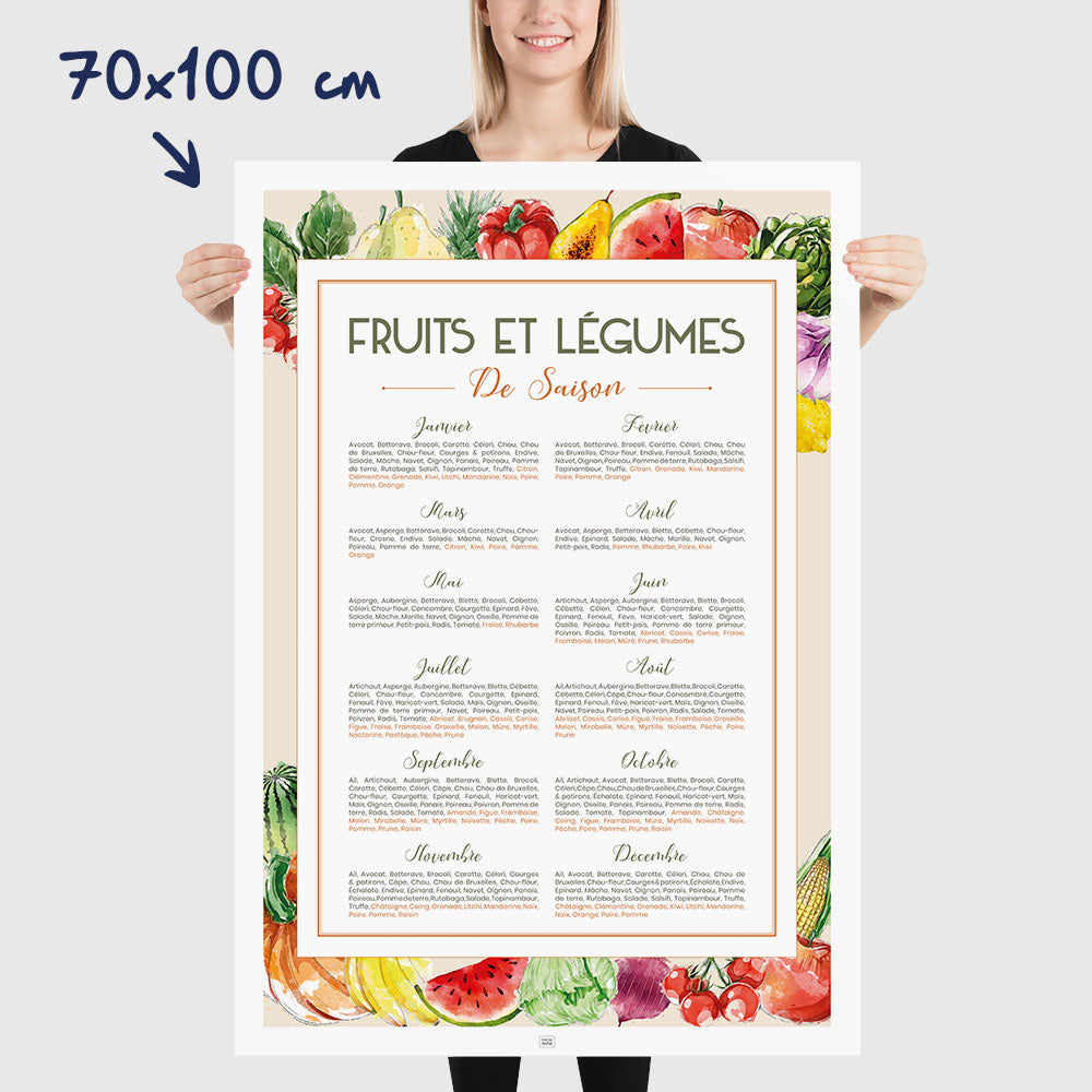 Affiche cuisine, calendrier des fruits et légumes de saison, affiche minimaliste, dimensions 70x100 cm
