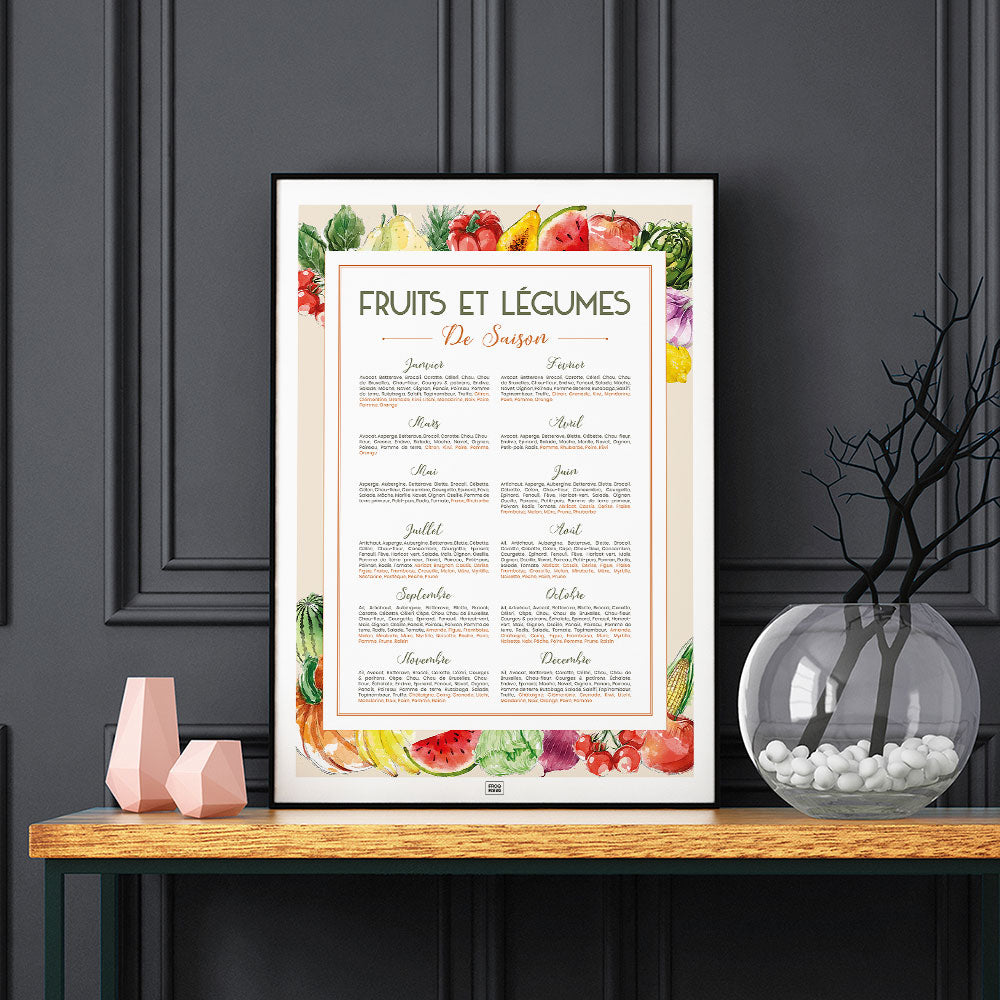 Affiche cuisine, calendrier des fruits et légumes de saison, affiche minimaliste, sur fond sombre
