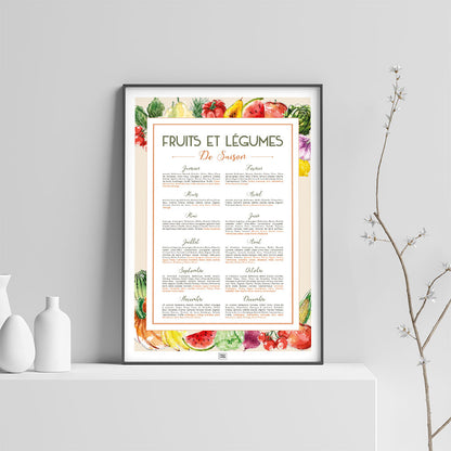 Affiche cuisine, calendrier des fruits et légumes de saison, affiche minimaliste, sur fond clair
