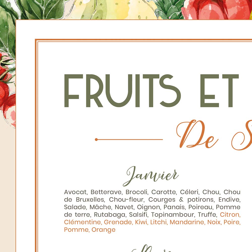Affiche cuisine, calendrier des fruits et légumes de saison, affiche minimaliste, zoom
