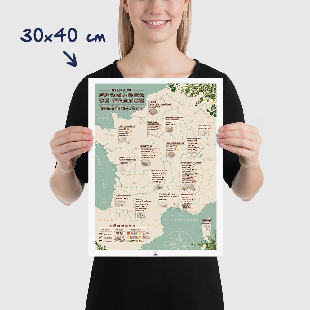 Affiche carte des fromages de france, affiche vintage, dimensions 30x40 cm
