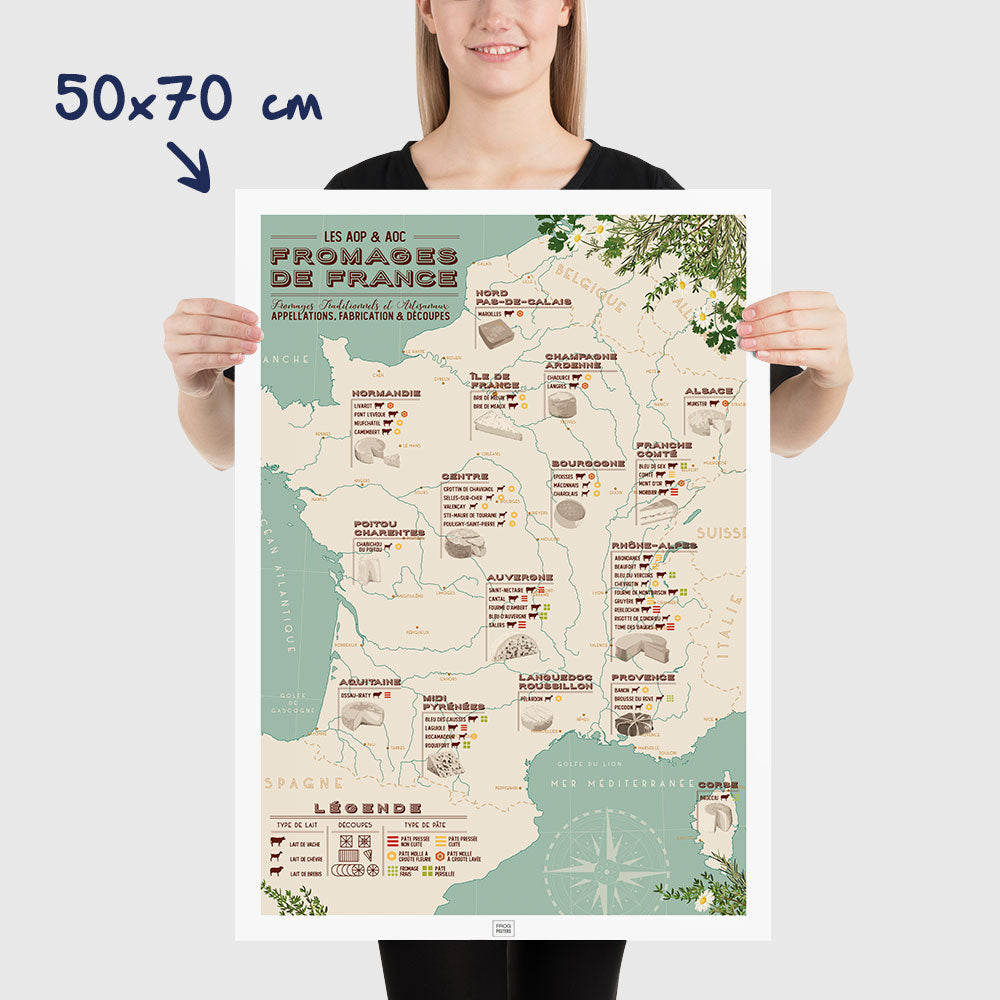 Affiche carte des fromages de france, affiche vintage, dimensions 50x70 cm

