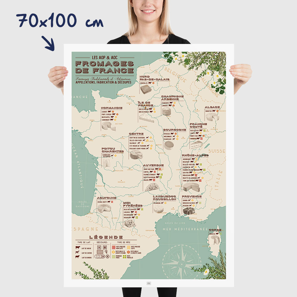 Affiche carte des fromages de france, affiche vintage, dimensions 70x100 cm
