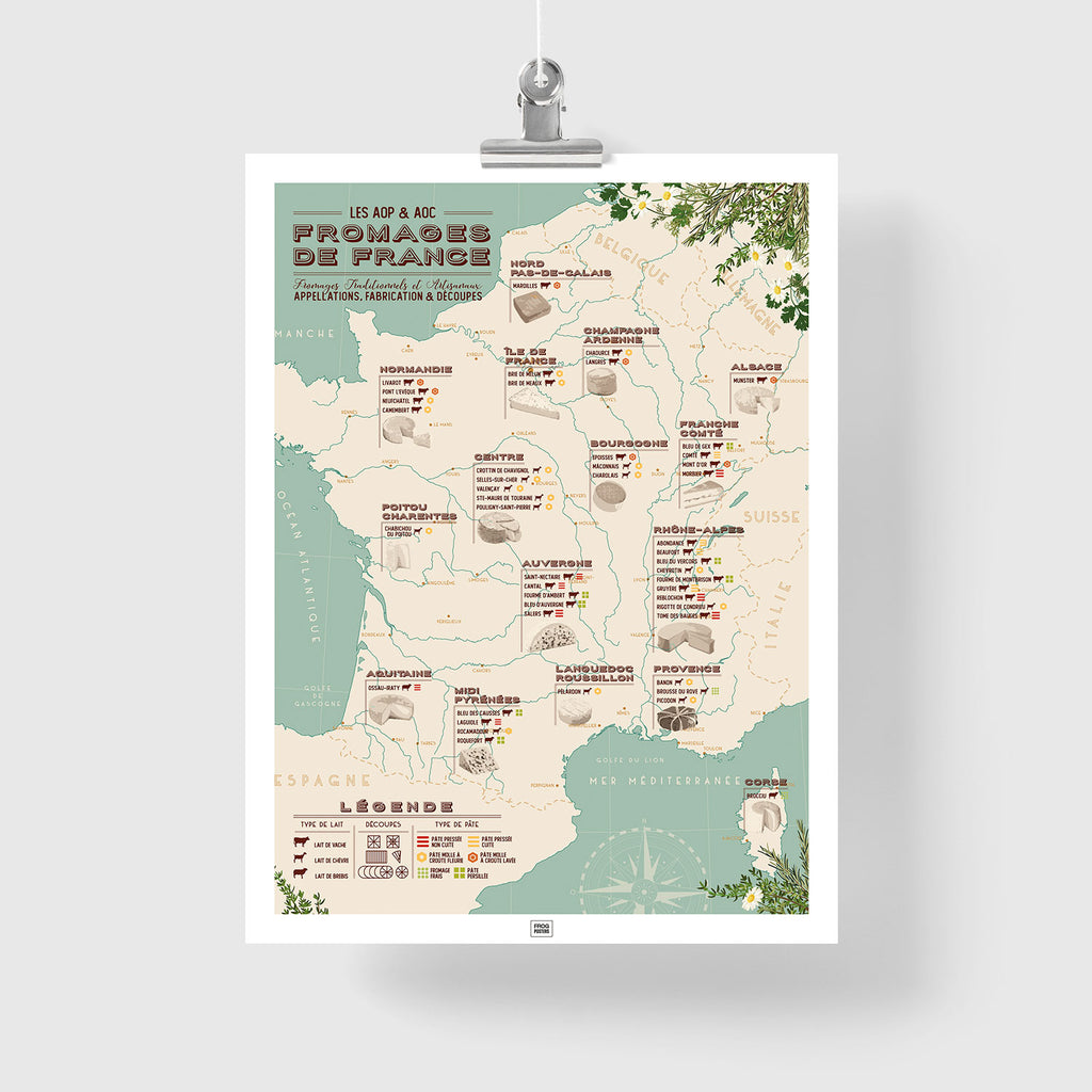 Affiche carte des fromages de france, affiche vintage

