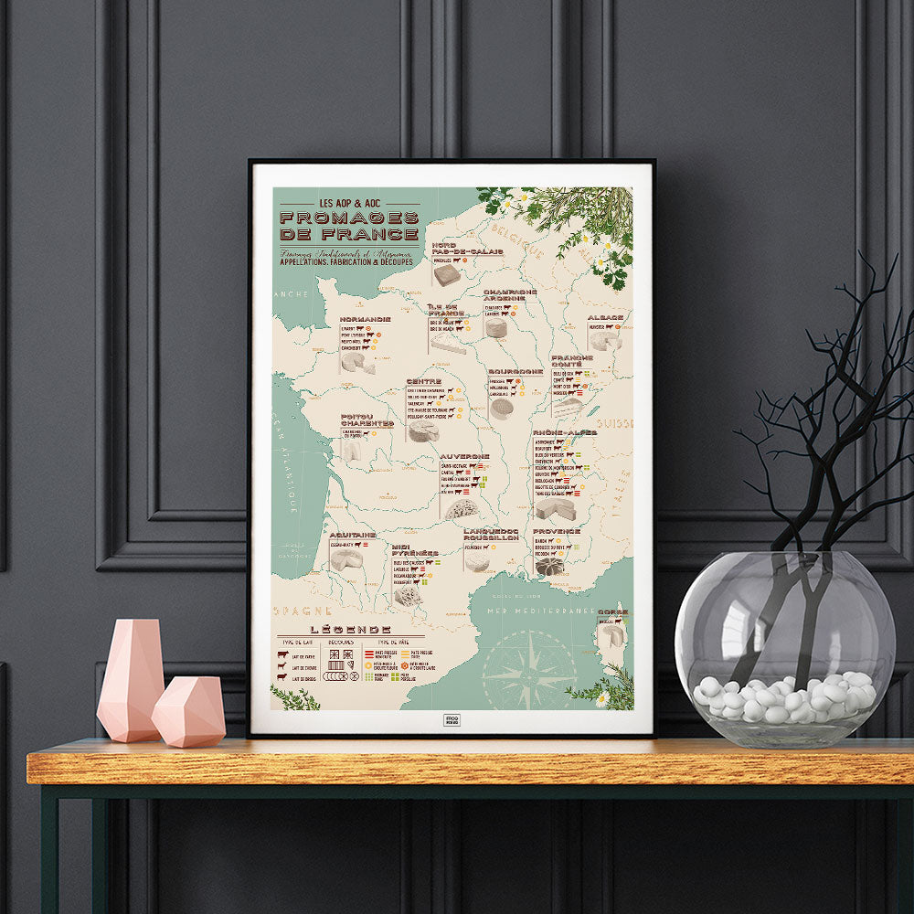 Affiche carte des fromages de france, affiche vintage, sur fond sombre
