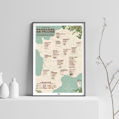 Affiche carte des fromages de france, affiche vintage, sur fond clair
