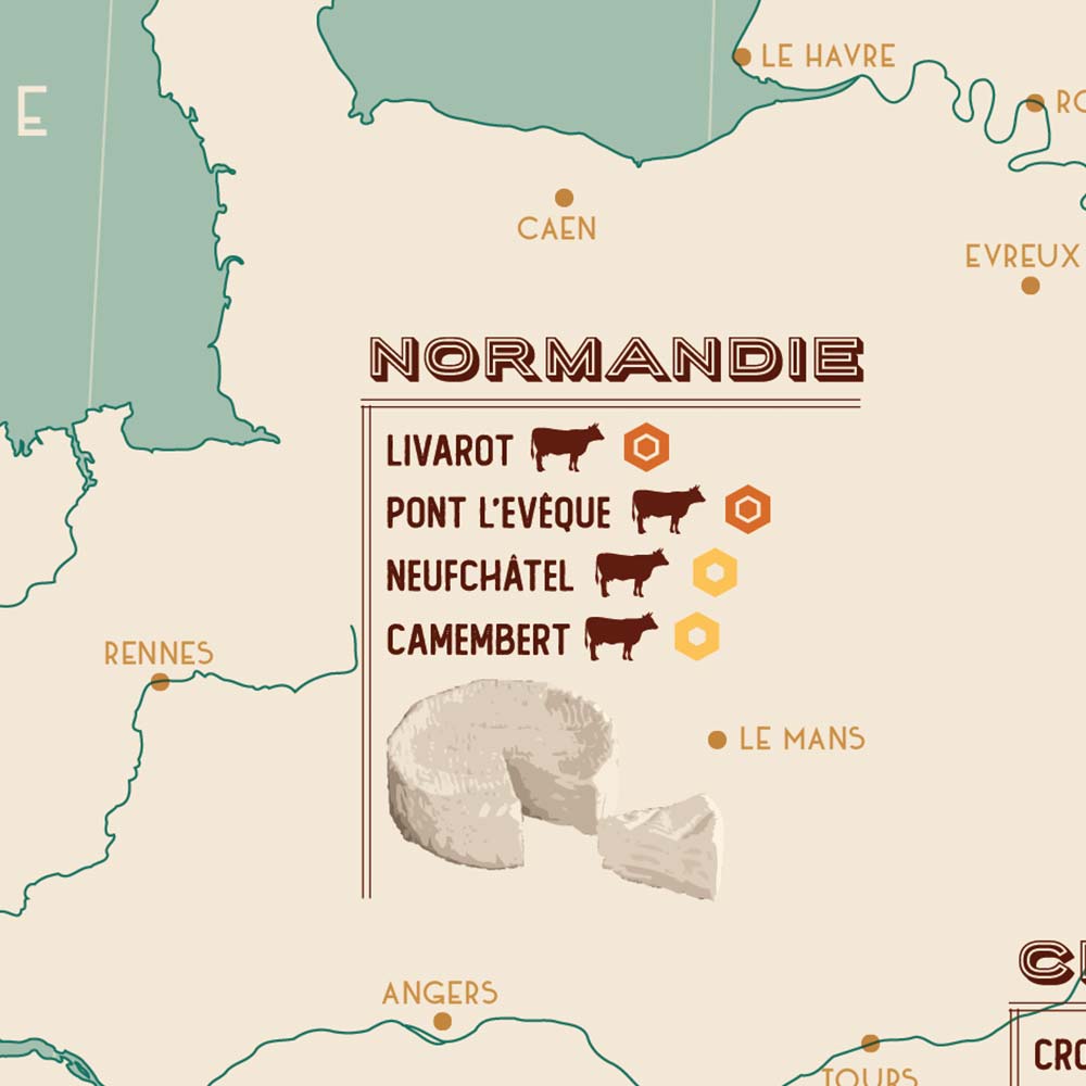 Affiche carte des fromages de france, affiche vintage, zoom
