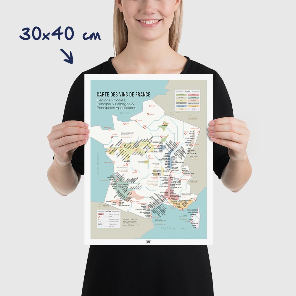 Carte des vins de France, affiche du vignoble français, régions viticoles et cépages, dimensions 30x40 cm
