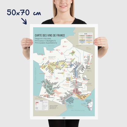 Carte des vins de France, affiche du vignoble français, régions viticoles et cépages, dimensions 50x70 cm
