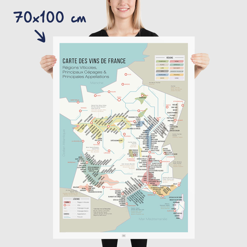 Carte des vins de France, affiche du vignoble français, régions viticoles et cépages, dimensions 70x100 cm
