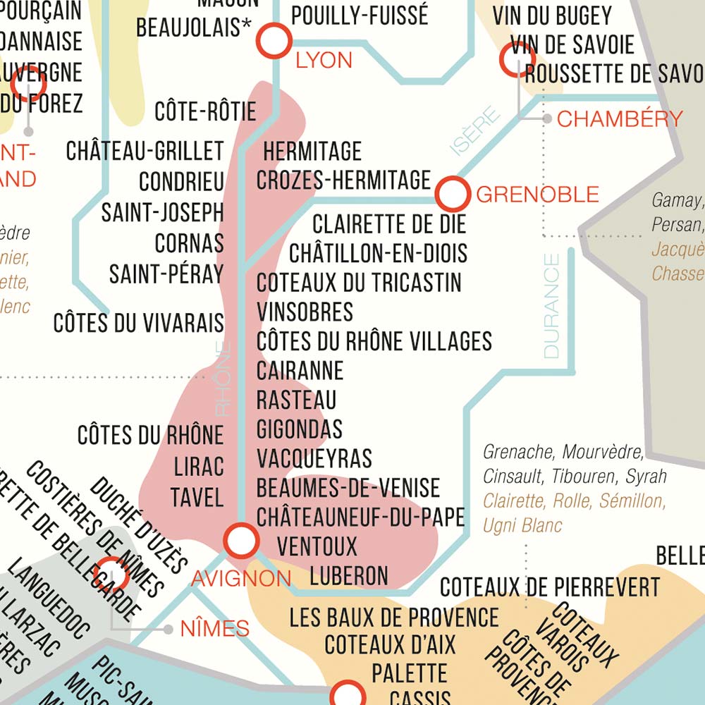 Carte des vins de France, affiche du vignoble français, régions viticoles et cépages, zoom
