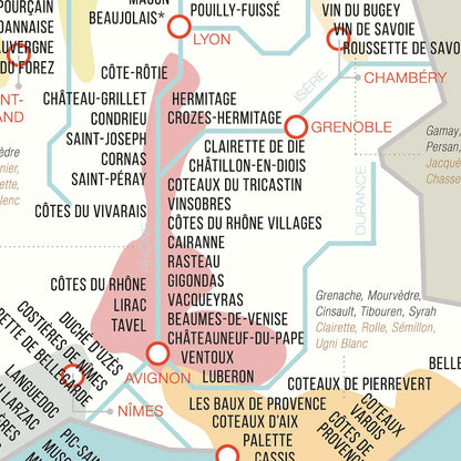 Carte des vins de France, affiche du vignoble français, régions viticoles et cépages, zoom
