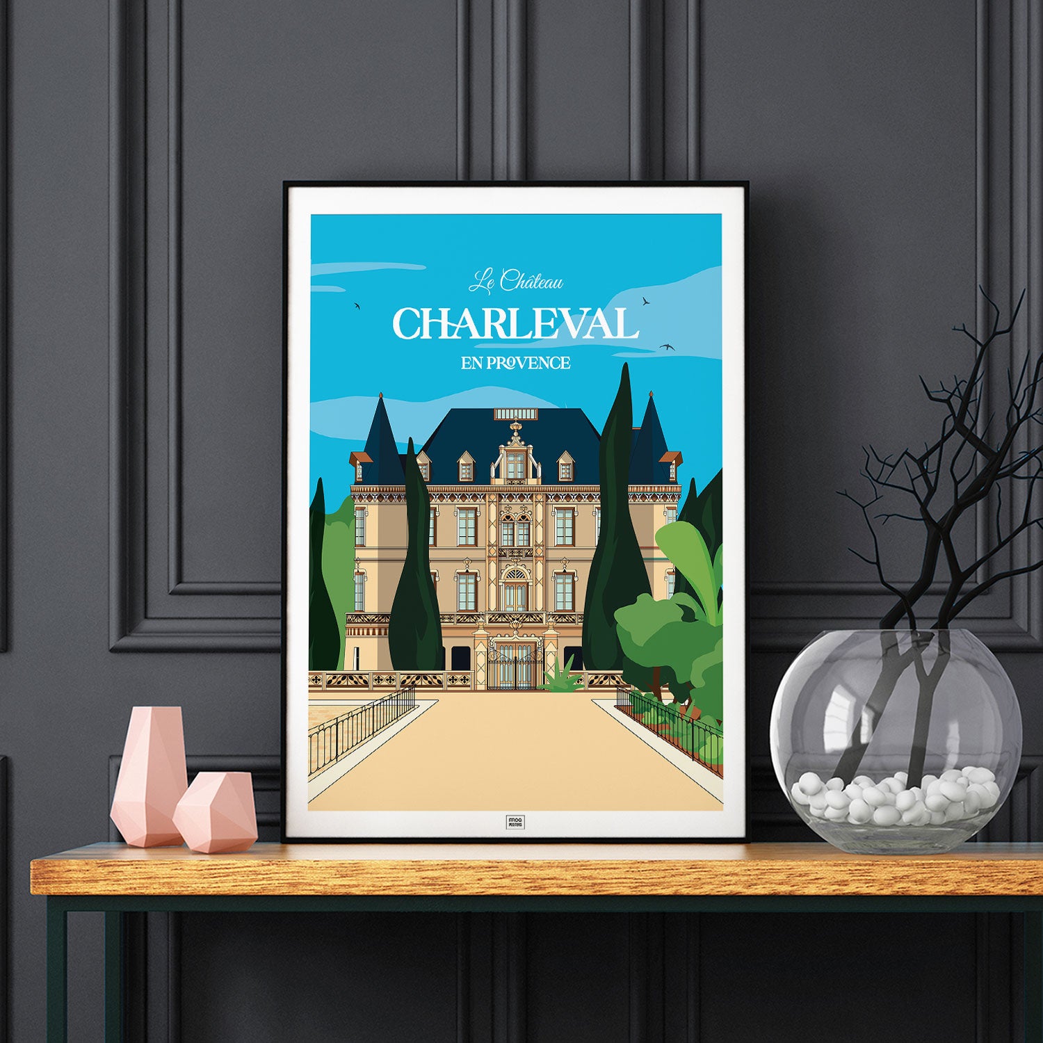 Affiche Château de Charleval en Provence - poster vintage et rétro de Frog Posters, sur fond sombre