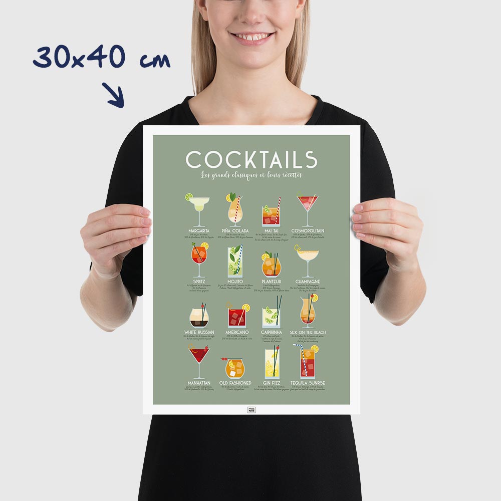 Affiche des cocktails : les meilleurs cocktails classiques et leurs recettes, dimensions 30x40 cm
