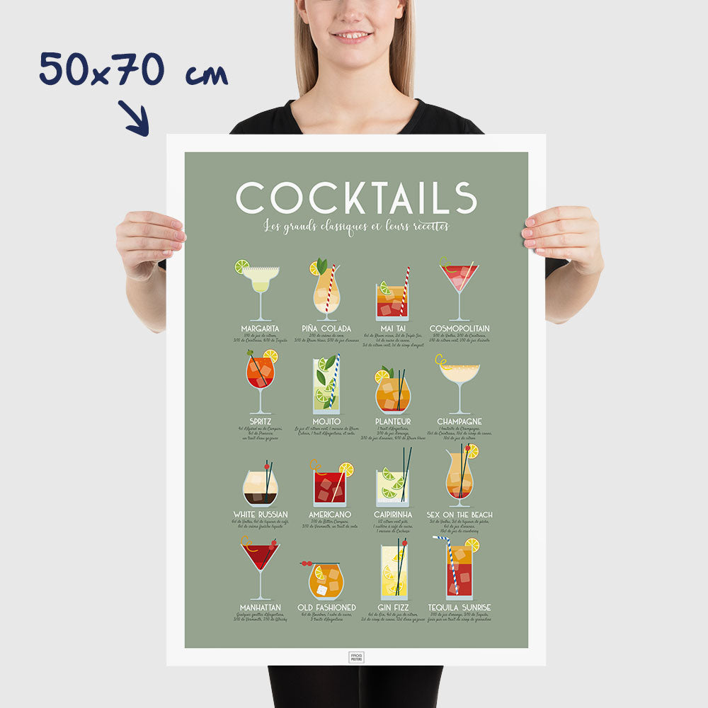 Affiche des cocktails : les meilleurs cocktails classiques et leurs recettes, dimensions 50x70 cm
