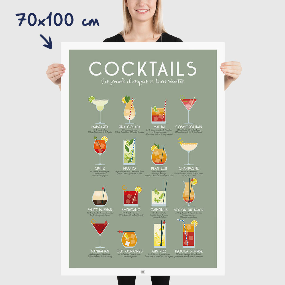 Affiche des cocktails : les meilleurs cocktails classiques et leurs recettes, dimensions 70x100 cm

