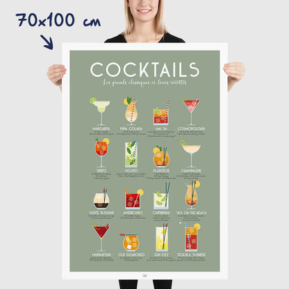 Affiche des cocktails : les meilleurs cocktails classiques et leurs recettes, dimensions 70x100 cm
