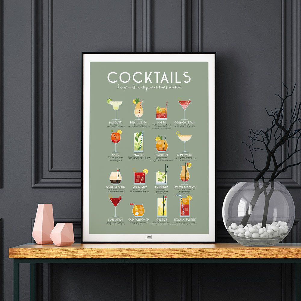 Affiche des cocktails : les meilleurs cocktails classiques et leurs recettes, sur fond sombre
