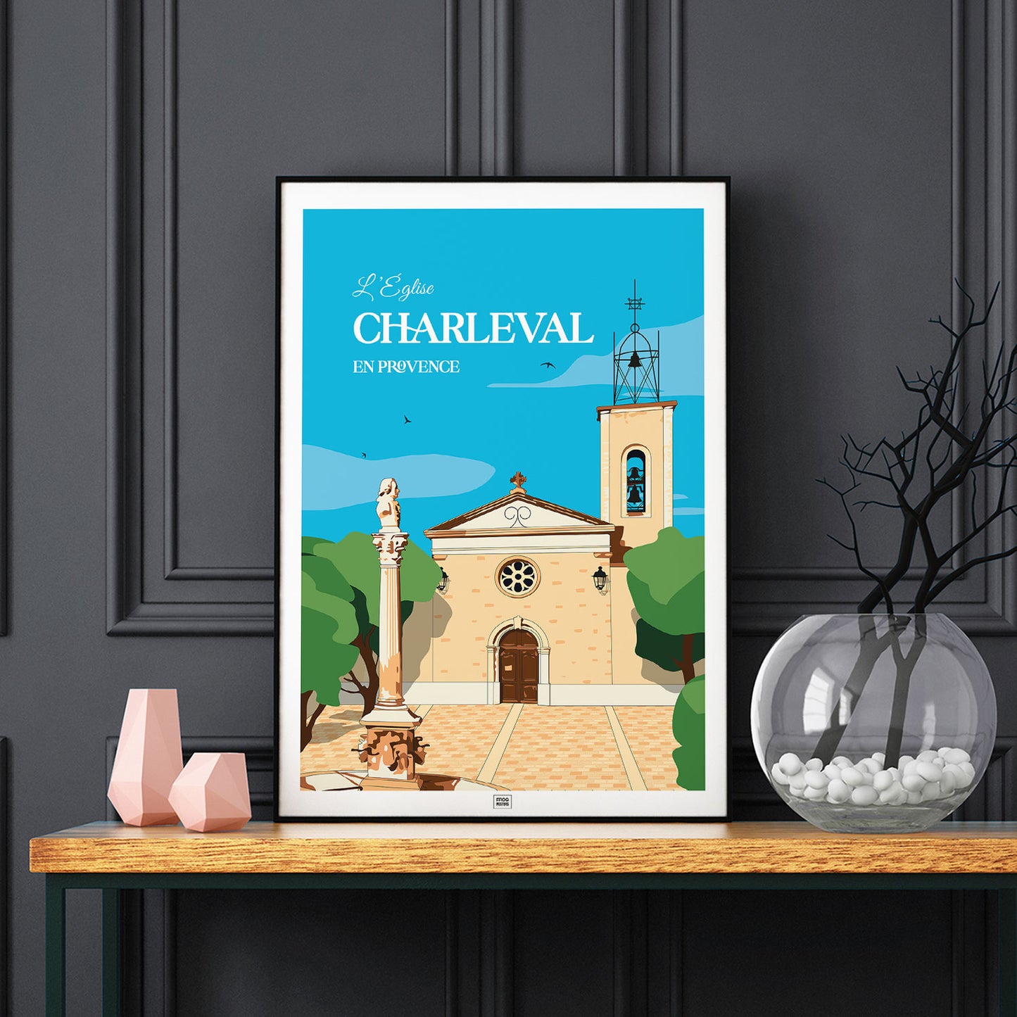 Affiche Eglise de Charleval en Provence - poster vintage et rétro de Frog Posters, sur fond sombre