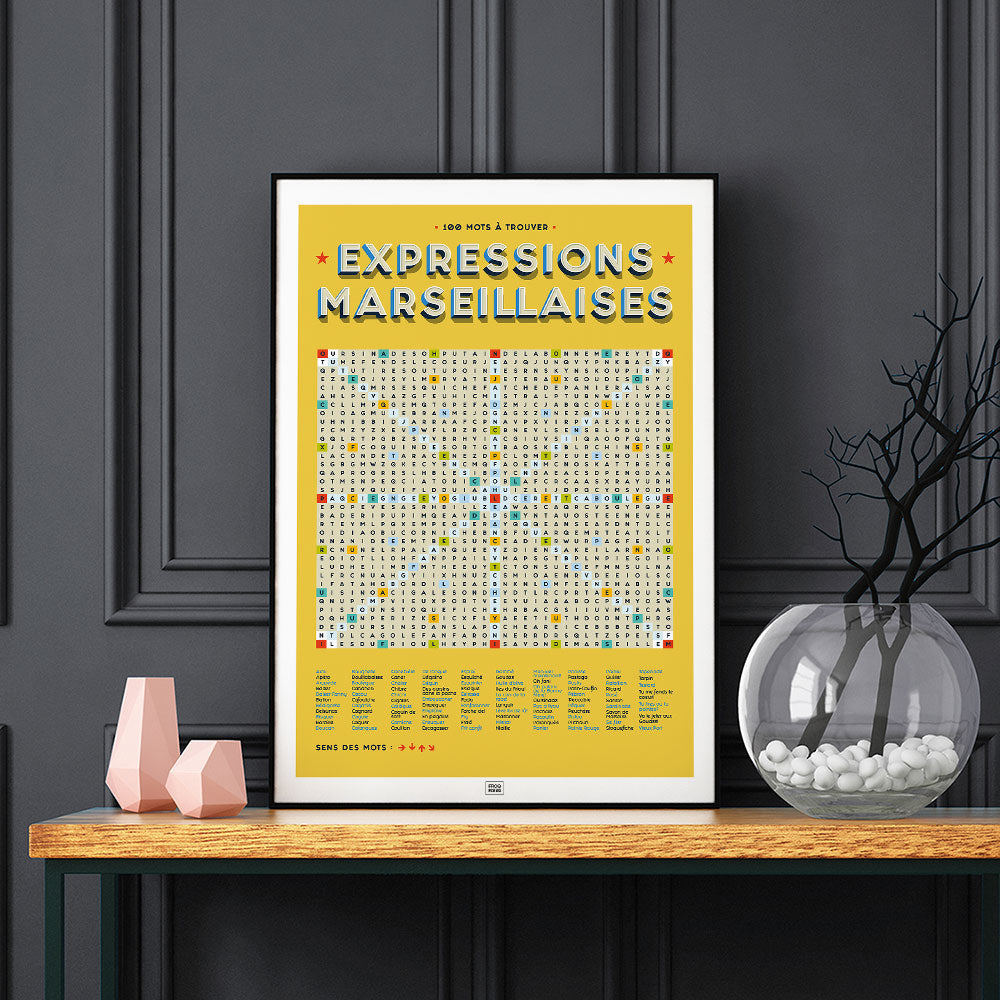 Affiche des jurons marseillais et expressions de marseille, sur fond sombre
