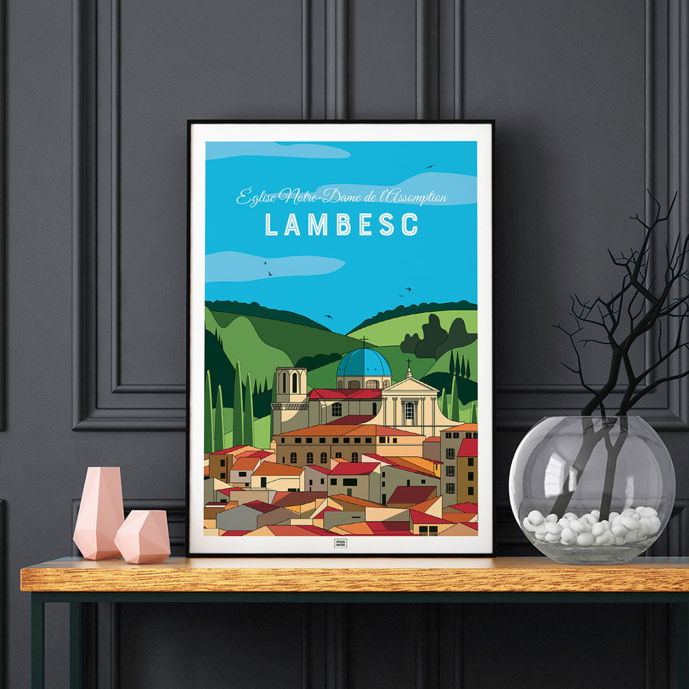 Affiche Lambesc en Provence - poster vintage et rétro de Frog Posters, sur fond sombre