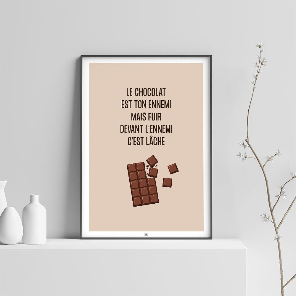 Affiche le chocolat est ton ennemi, affiche humoristique thème du chocolat, sur fond clair