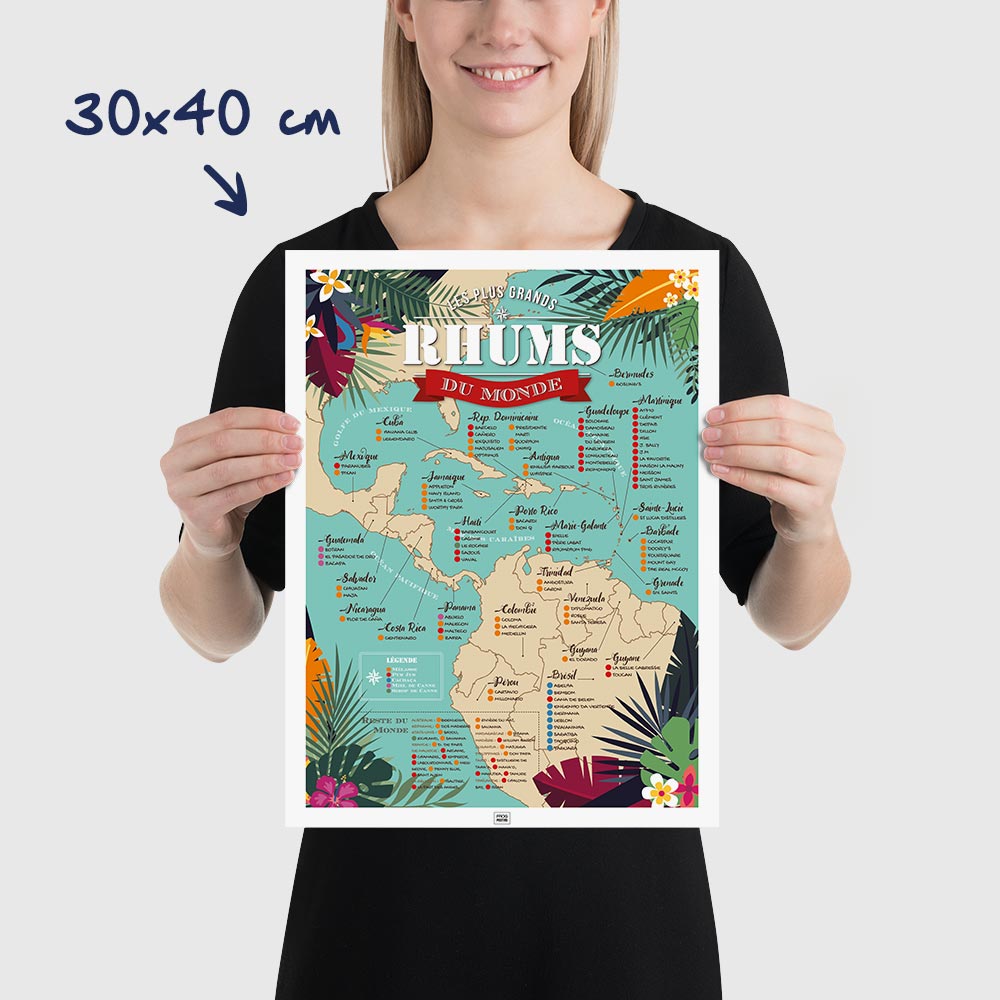Affiche Rhum : Carte des 100 Meilleurs Rhums du Monde, dimensions 30x40 cm