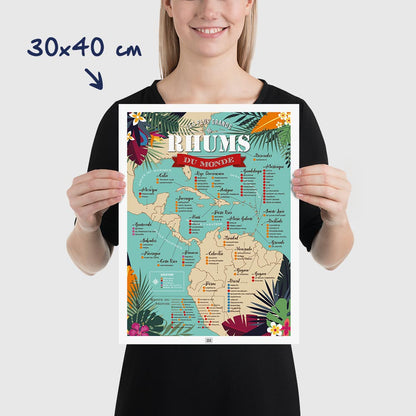 Affiche Rhum : Carte des 100 Meilleurs Rhums du Monde, dimensions 30x40 cm