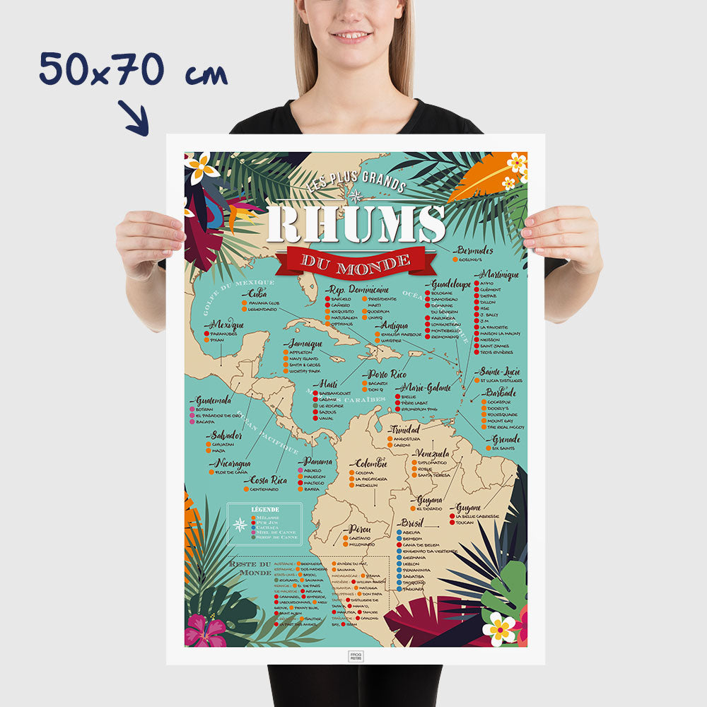 Affiche Rhum : Carte des 100 Meilleurs Rhums du Monde, dimensions 50x70 cm